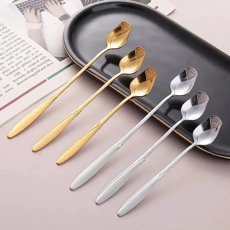 Long Handle Stainless Steel Teaspoon With Rose Shaped Handle For Dessert Coffee Tea Honey Salad New Year Gift