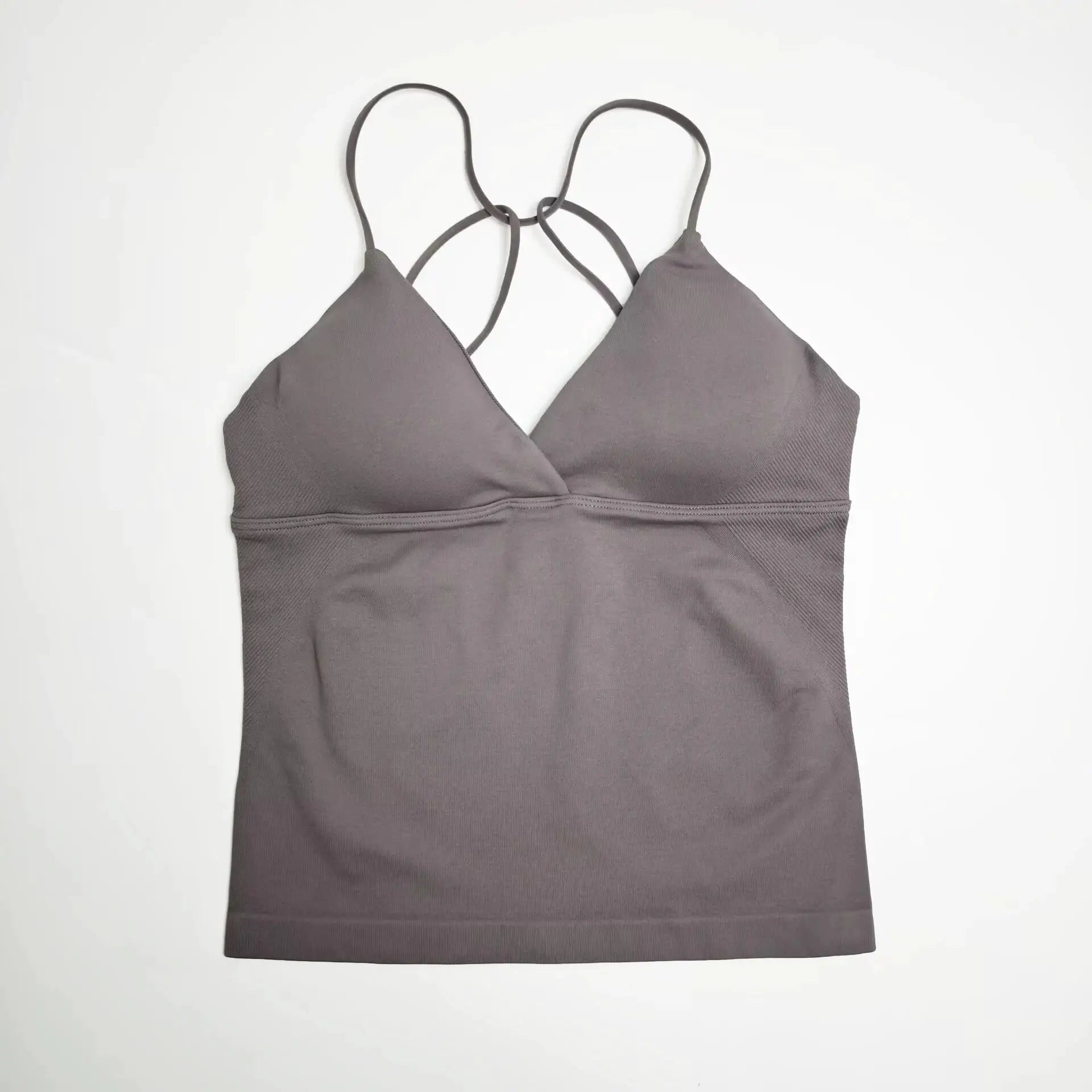 NCLAGEN Vision Twist Front longline seamless yoga top with thin straps in taupe-gray
