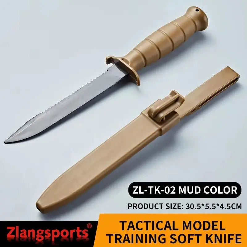 Zlangsports fixed-blade training knife with tan mud color ABS handle and TPE soft blade, includes sheath