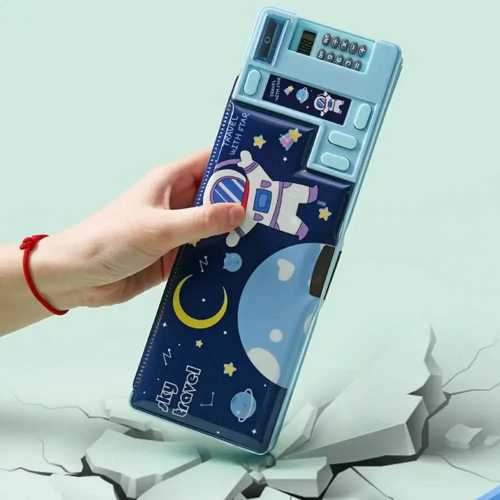 Plastic pencil case with calculator and sharpener; blue, double-sided, Simples Market multi-functional pen bag.