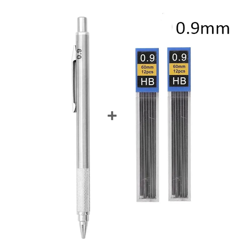 Simples Market metal mechanical pencil with knurled grip plus two packs of 0.9mm HB lead refills