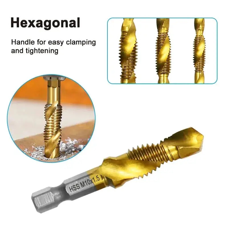 6 Piece High Speed Steel 4341 Titanium Plated Tap Drill And Tap Set With Integrated Tap For Chamfering