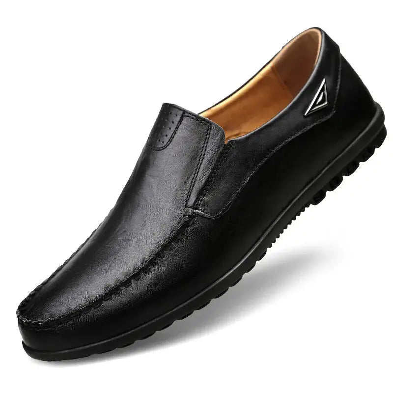 Simples Market men's black genuine leather loafers slip-on moccasins with breathable lining and triangle emblem