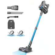 YISORA N300 cordless upright vacuum cleaner by Simples Market with blue wand and multiple attachments