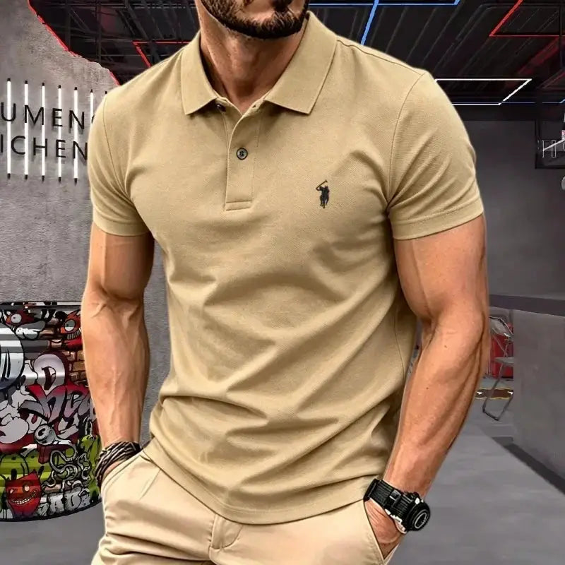 Men's beige polo shirt with small pony embroidery, short sleeves for a casual luxury look