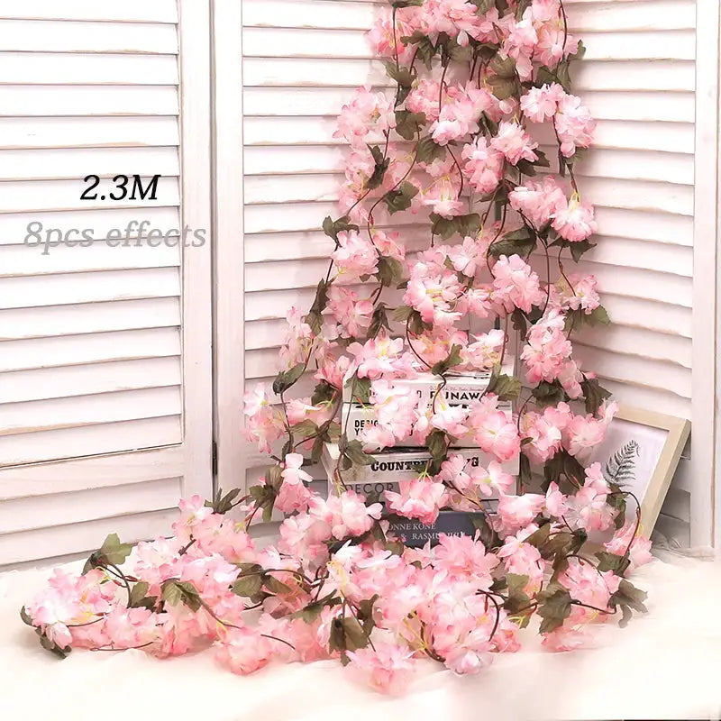 Artificial Sakura Flowers Vine Hanging Floral Garland Home Garden Wedding Arch Party Cherry Blossom Wall Decor