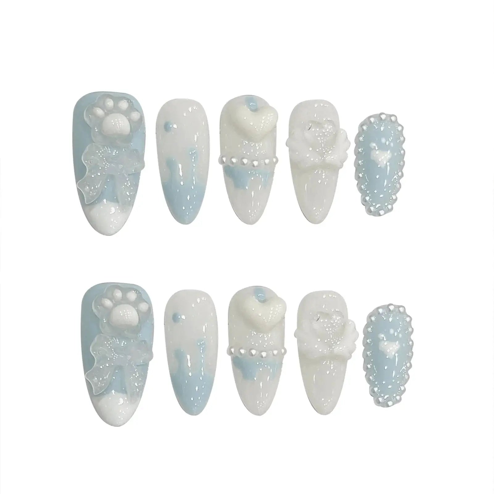 BearPaw Studio Handmade Press On Nails With Bear Paw Design Light Blue Almond Shaped Korean Inspired Aesthetic ABS