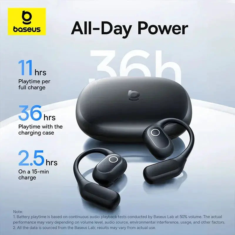 Baseus Eli 2i Fit open-ear wireless earbuds with charging case in black; 36h battery life, IPX5 waterproof