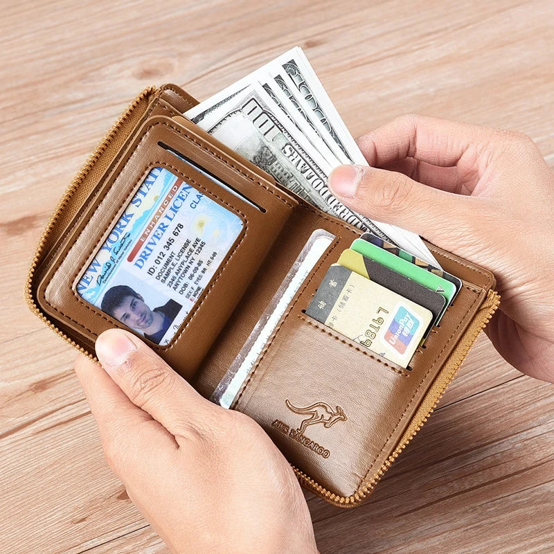 Simples Market men's brown leather zippered wallet with card slots