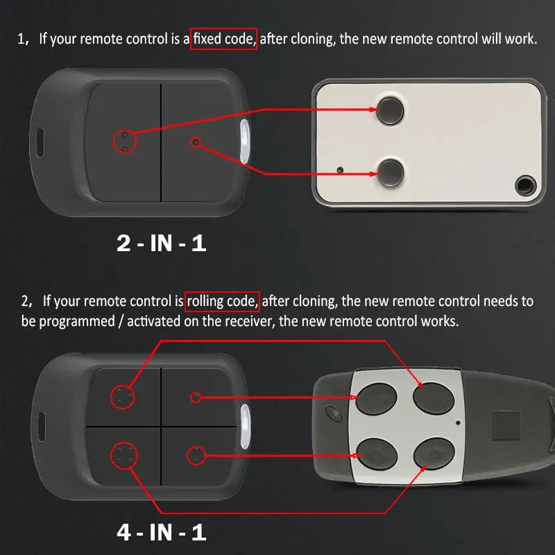 Simples Market garage door remote duplicator, 280-868MHz multifrequency, 2-in-1/4-in-1 kit