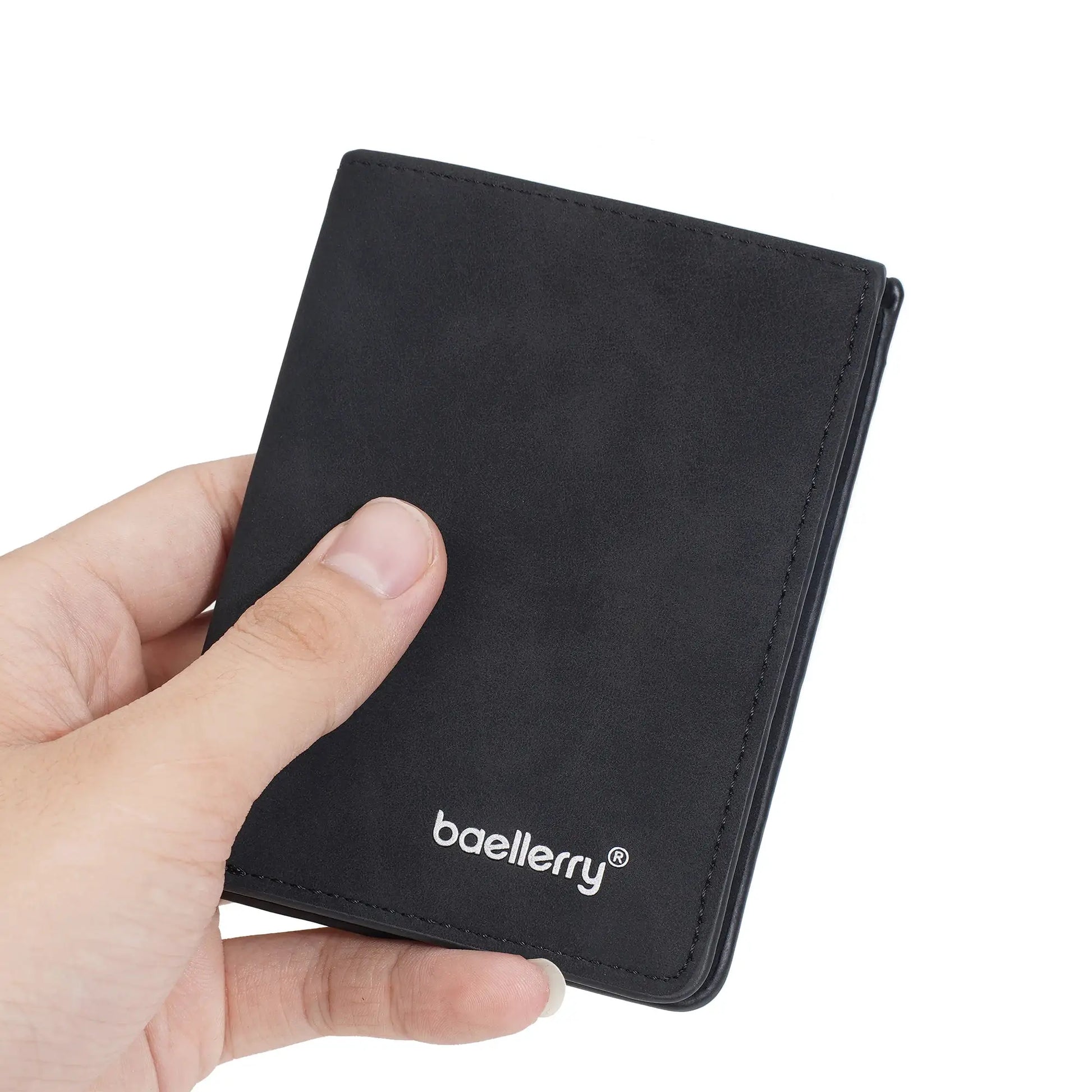 Baellerry men's compact bi-fold wallet, black leather with RFID anti-theft design