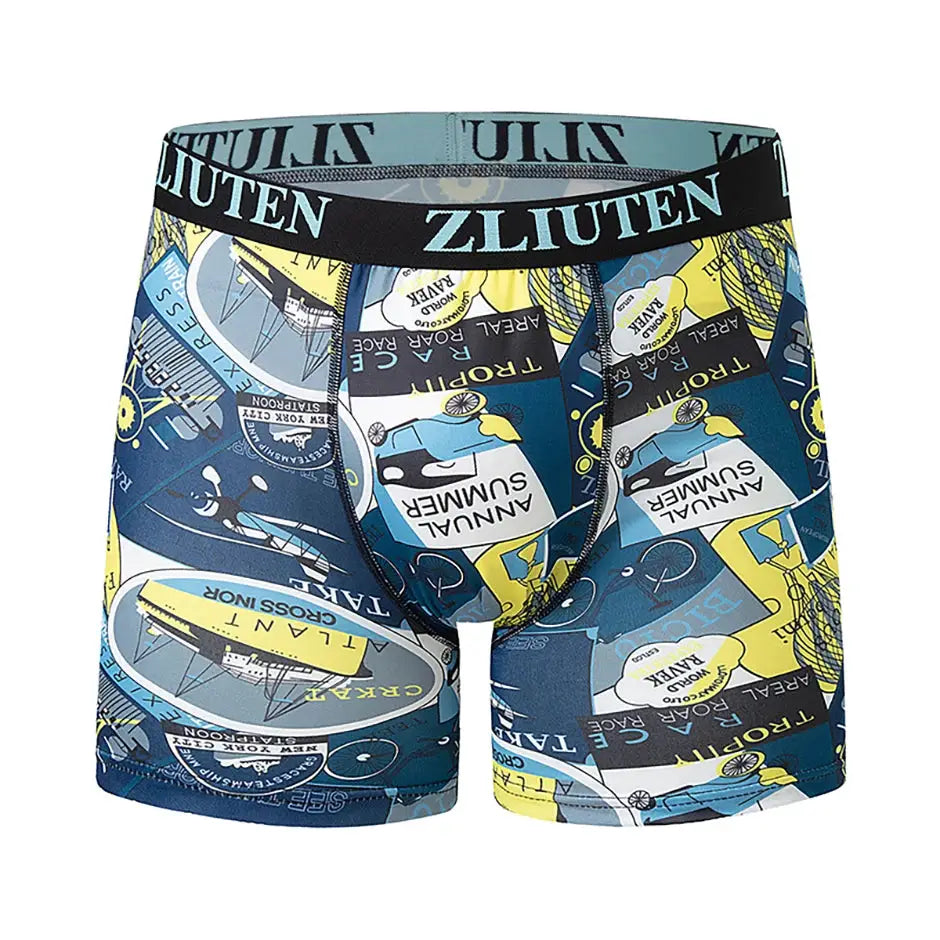 Men's joker-print boxer briefs with blue-yellow graphic and ZLIUTEN elastic waistband.