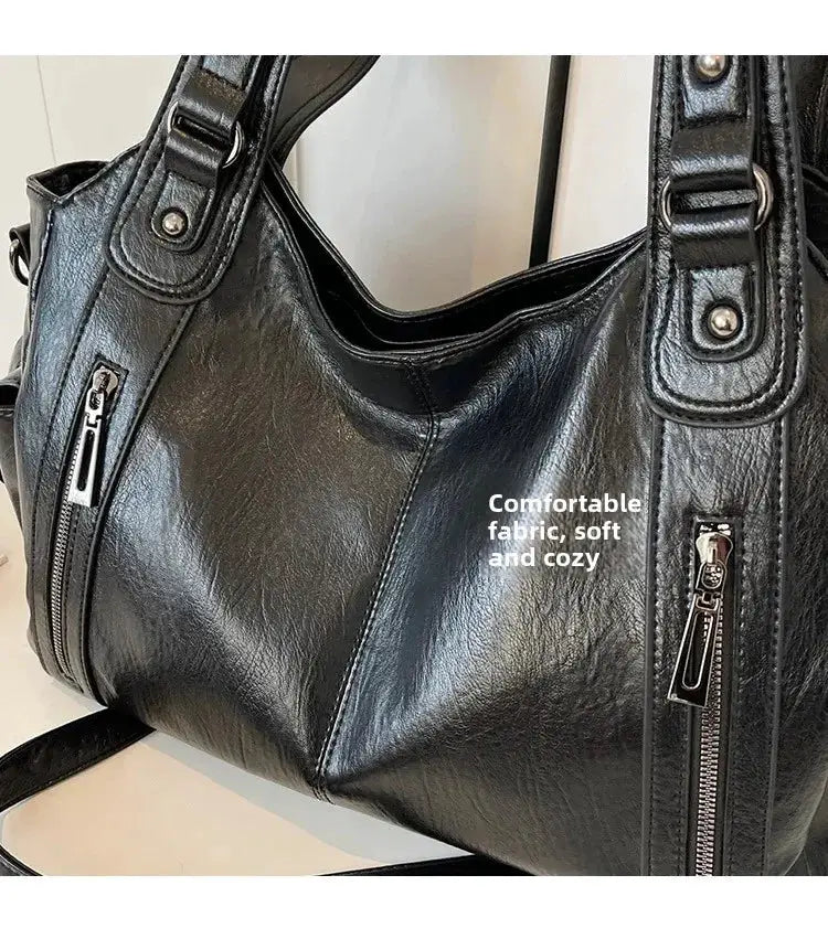 Soft interior compartment shoulder bag, black PU leather with dual zippers, women's handbag