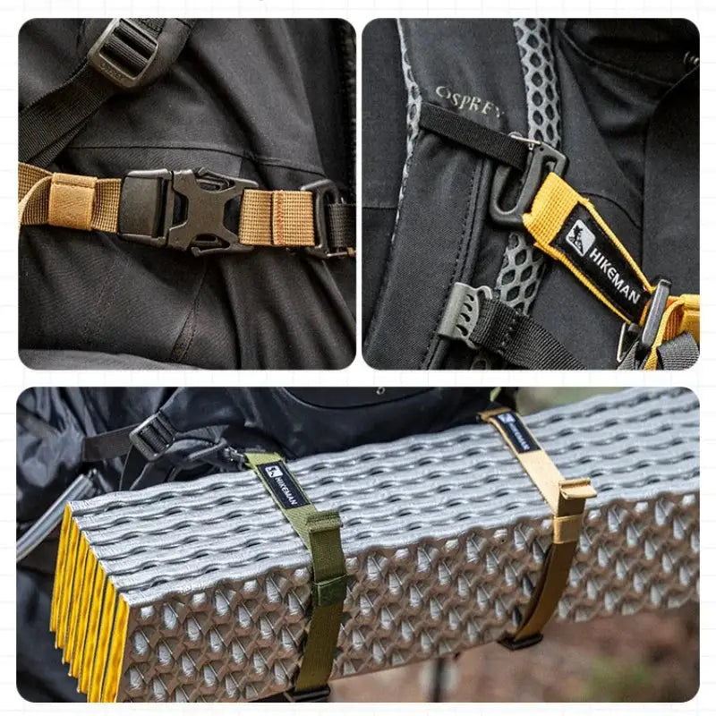 Simples Market outdoor luggage strap set with adjustable plug-in buckles; tan and olive packing straps on camping gear
