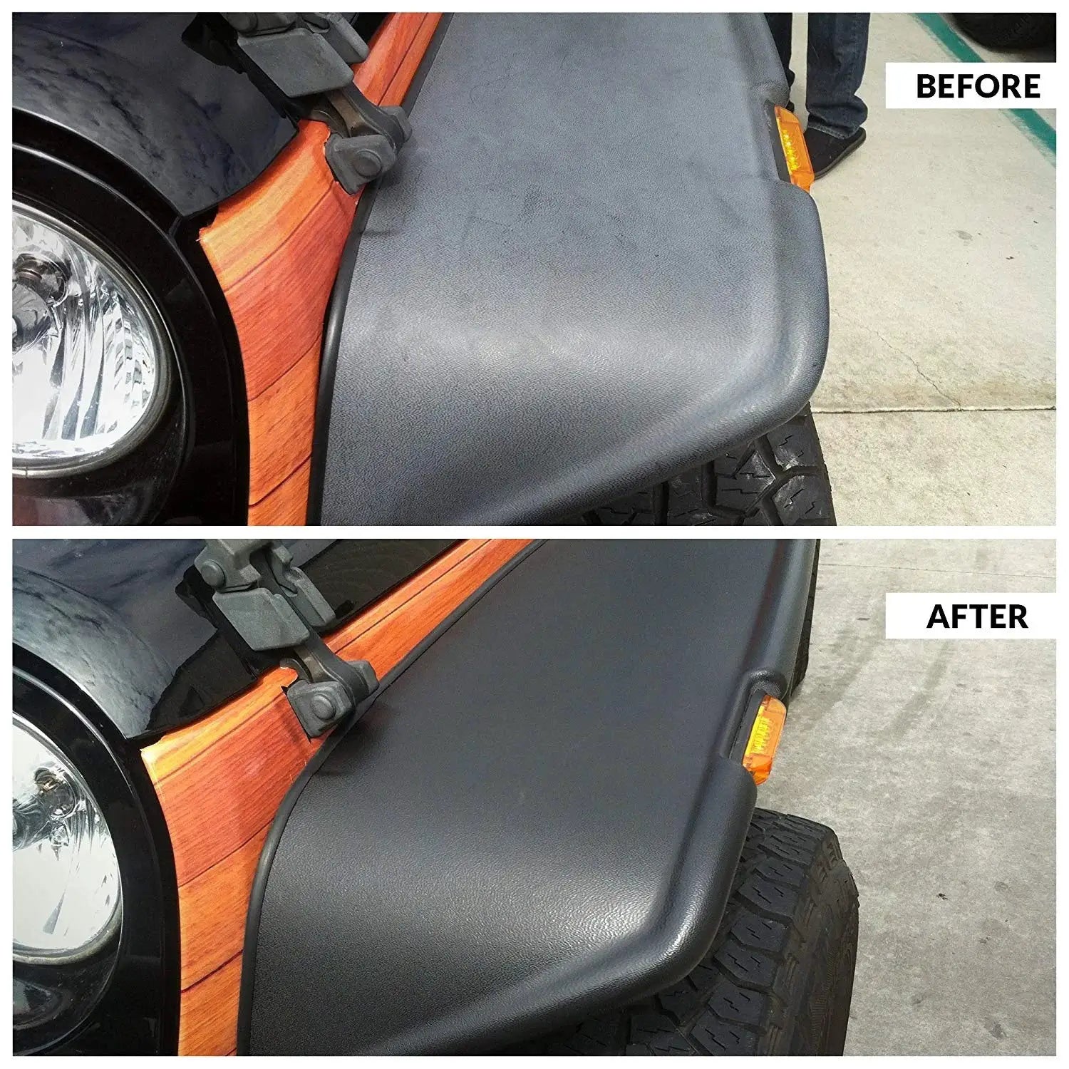 Car plastic restorer ceramic coating by Simples Market; black trim before and after shine.
