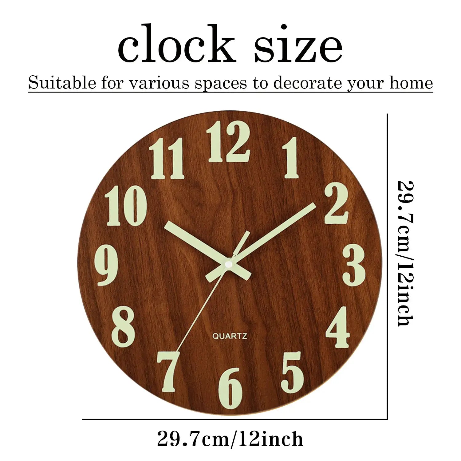 12-inch wooden wall clock with cream numerals and white hands; silent quartz movement