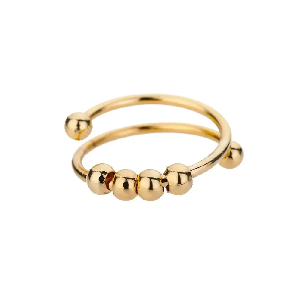 Gold-tone adjustable double-ring set for women with a three-bead central row and ball-end tips