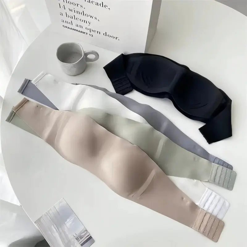 Simples Market women push-up bandeau bras with removable straps in black, beige, sage green, and gray