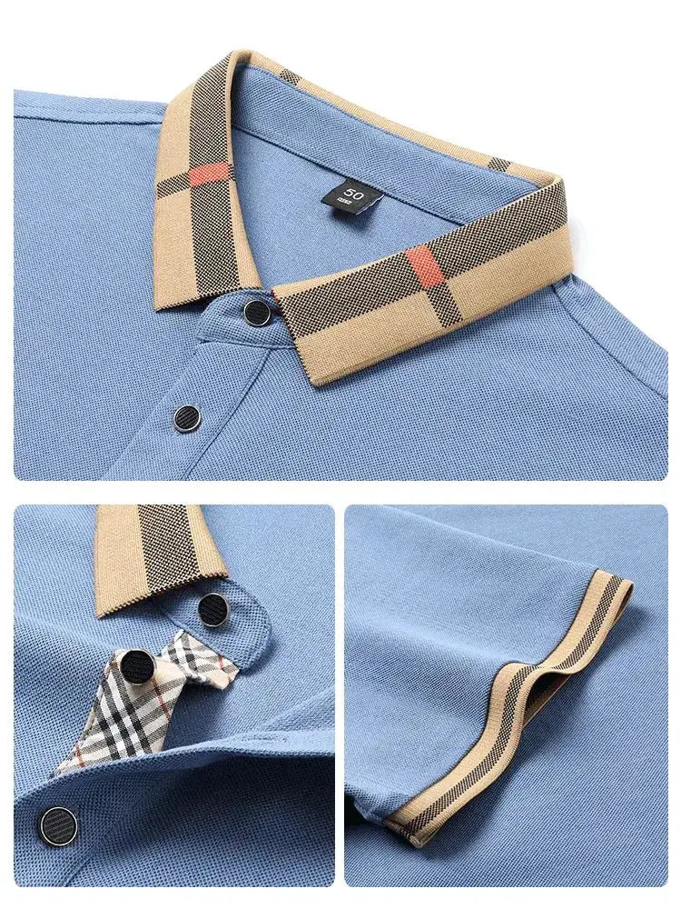 Blue polo shirt with beige plaid collar and beige striped trim on sleeves