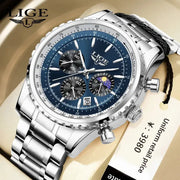 LIGE men's stainless steel chronograph watch with blue dial, date window and subdials