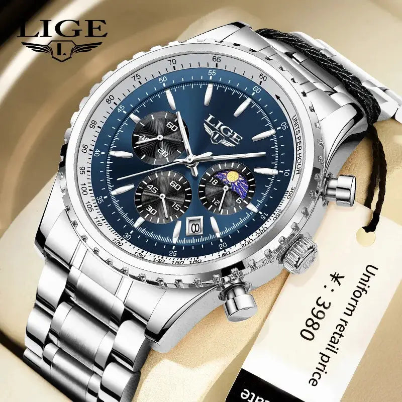 LIGE men's stainless steel chronograph watch with blue dial, date window and subdials