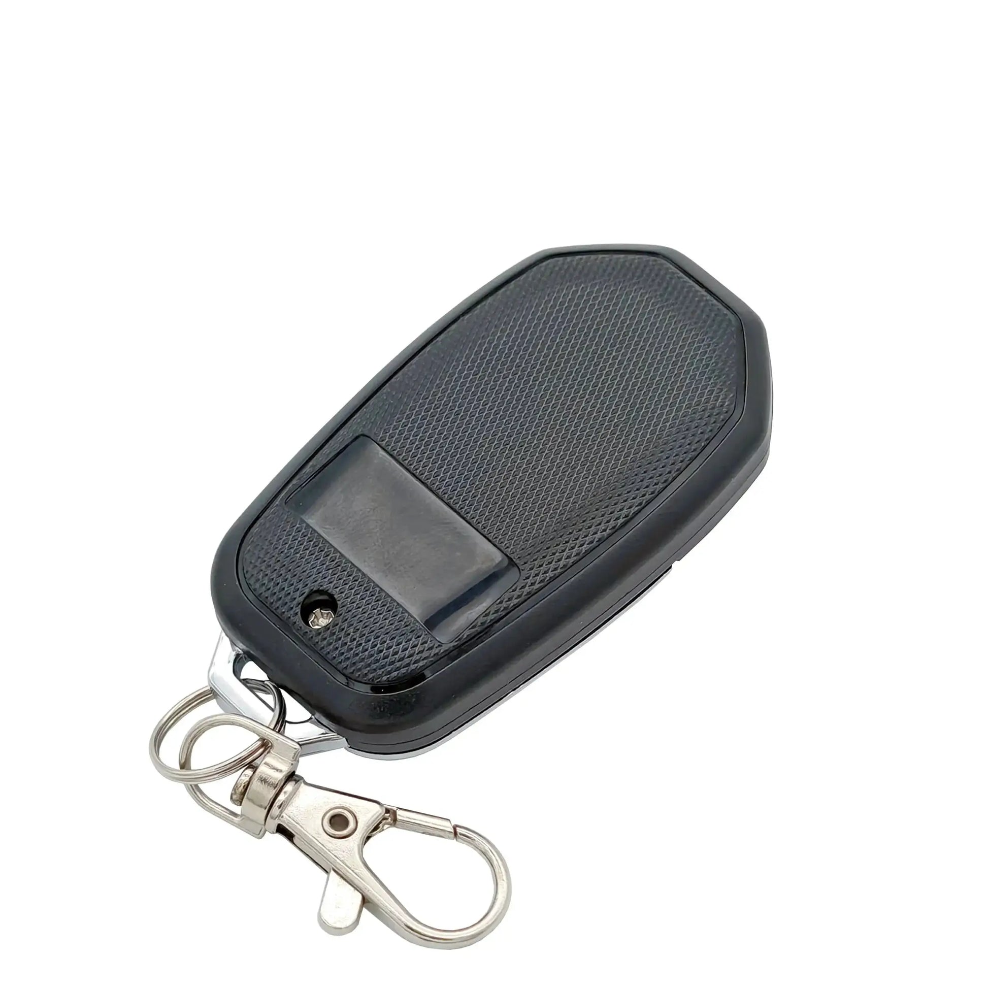 Universal motorcycle anti-theft alarm remote with black textured housing and metal keyring