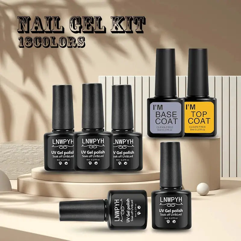 Nail gel kit with 13-color polishes plus base coat and top coat bottles