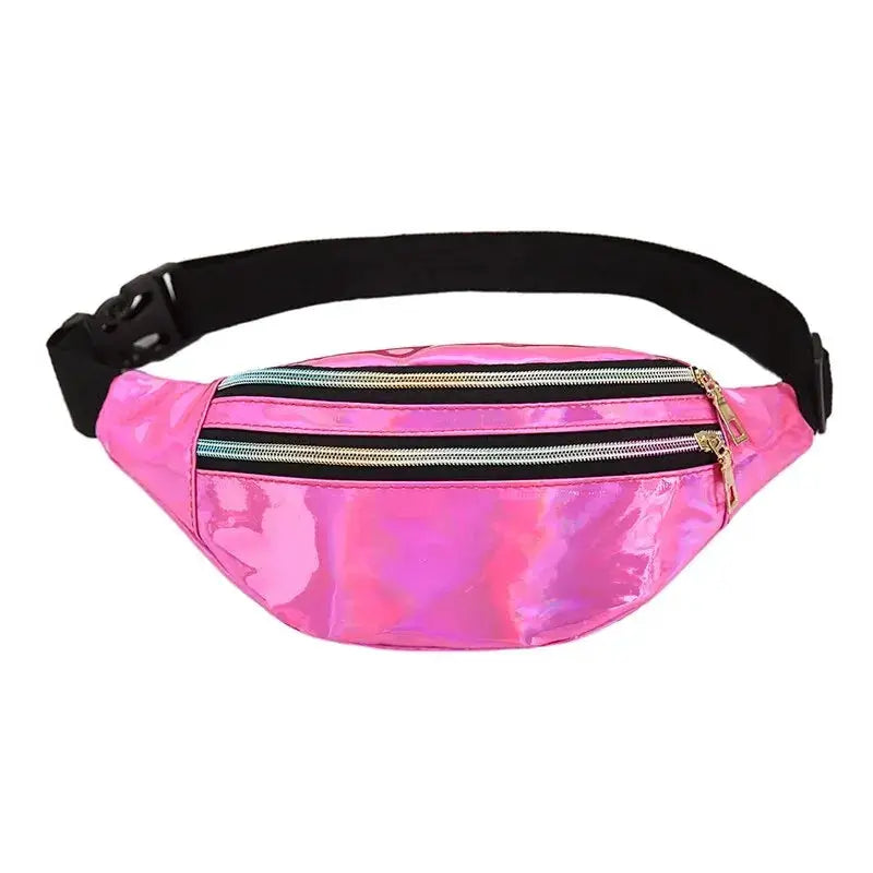 Holographic pink waist bag with dual zip pockets and a black adjustable strap