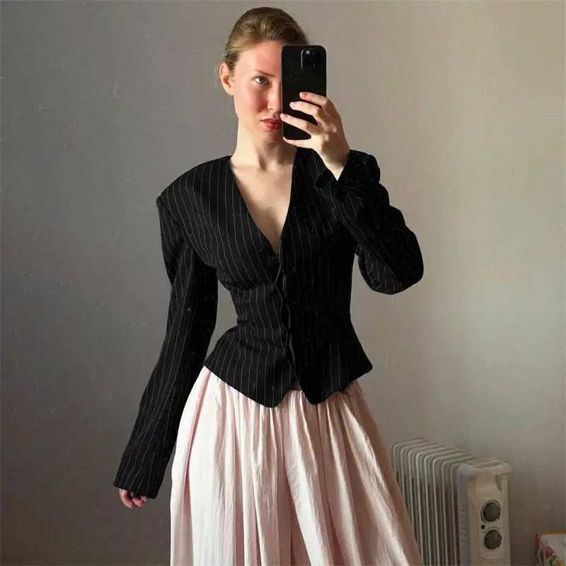 Tuularose 3 Piece Dress Set V Neck Striped Ribbon Blazer Slim Dress