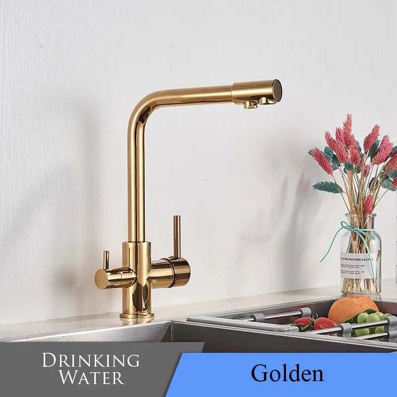 Simples Market golden brass kitchen faucet with high-arc gooseneck spout and dual controls.