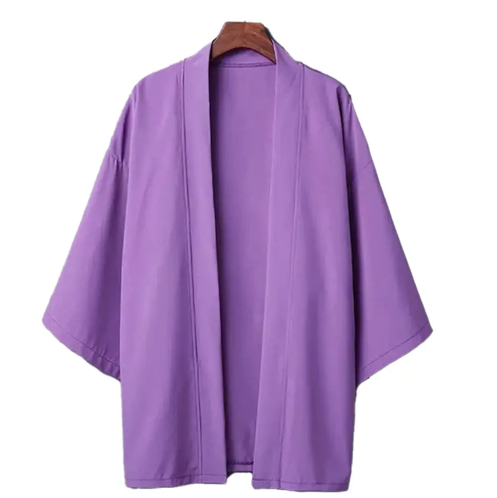 Purple lightweight men's kimono cardigan, open-front yukata-style with wide sleeves.