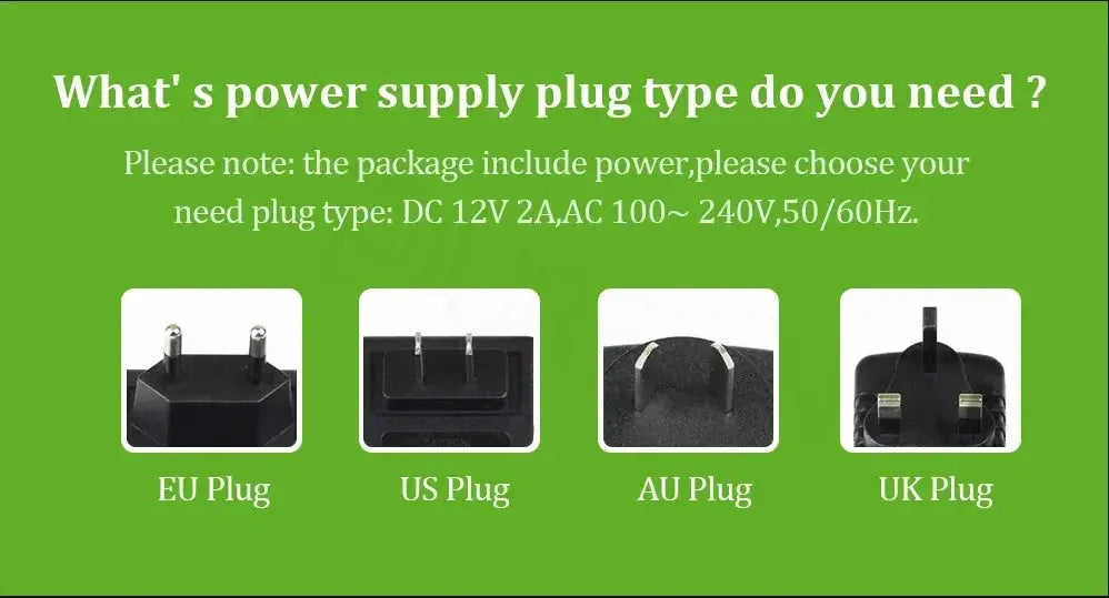 WONSDAR IP camera power plug options: EU Plug, US Plug, AU Plug, UK Plug on green background.