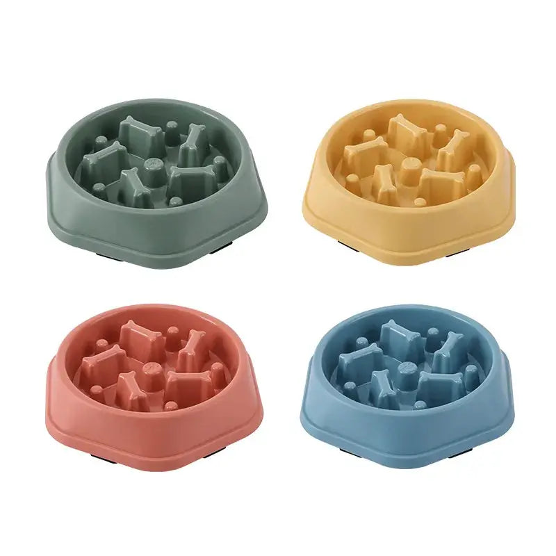 Simples Market pet slow-feed bowl set, anti-choking, non-slip, four colors: green, yellow, coral, blue.