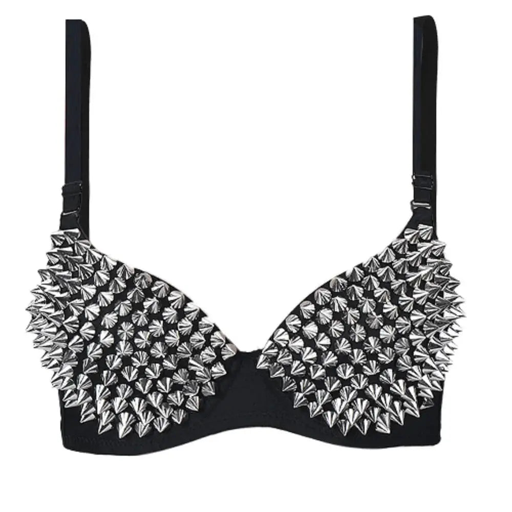 Spike-stud bra top, black with adjustable straps and silver studs