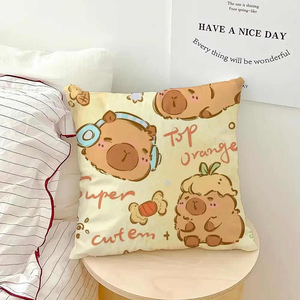 Capybara cartoon pillow case Simples Market cream square cushion with brown capybara illustrations