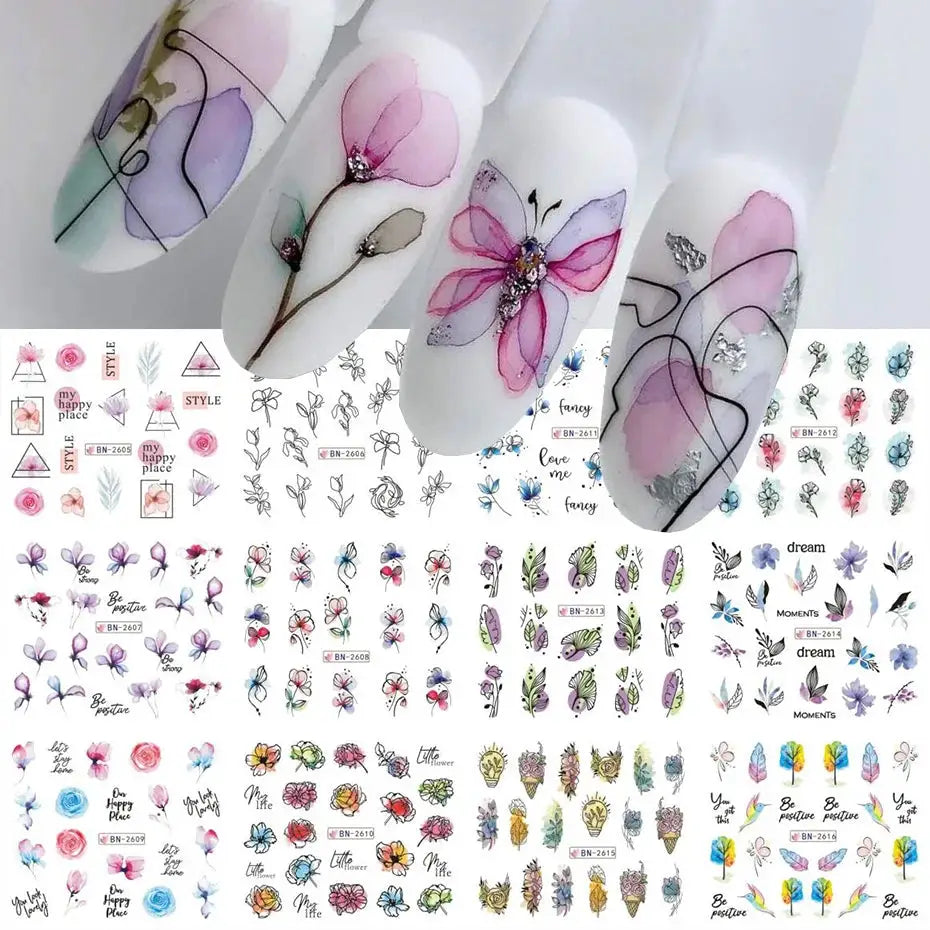 12 pcs nail art stickers by Simples Market – water decals with pastel pink blooming flowers and leaves