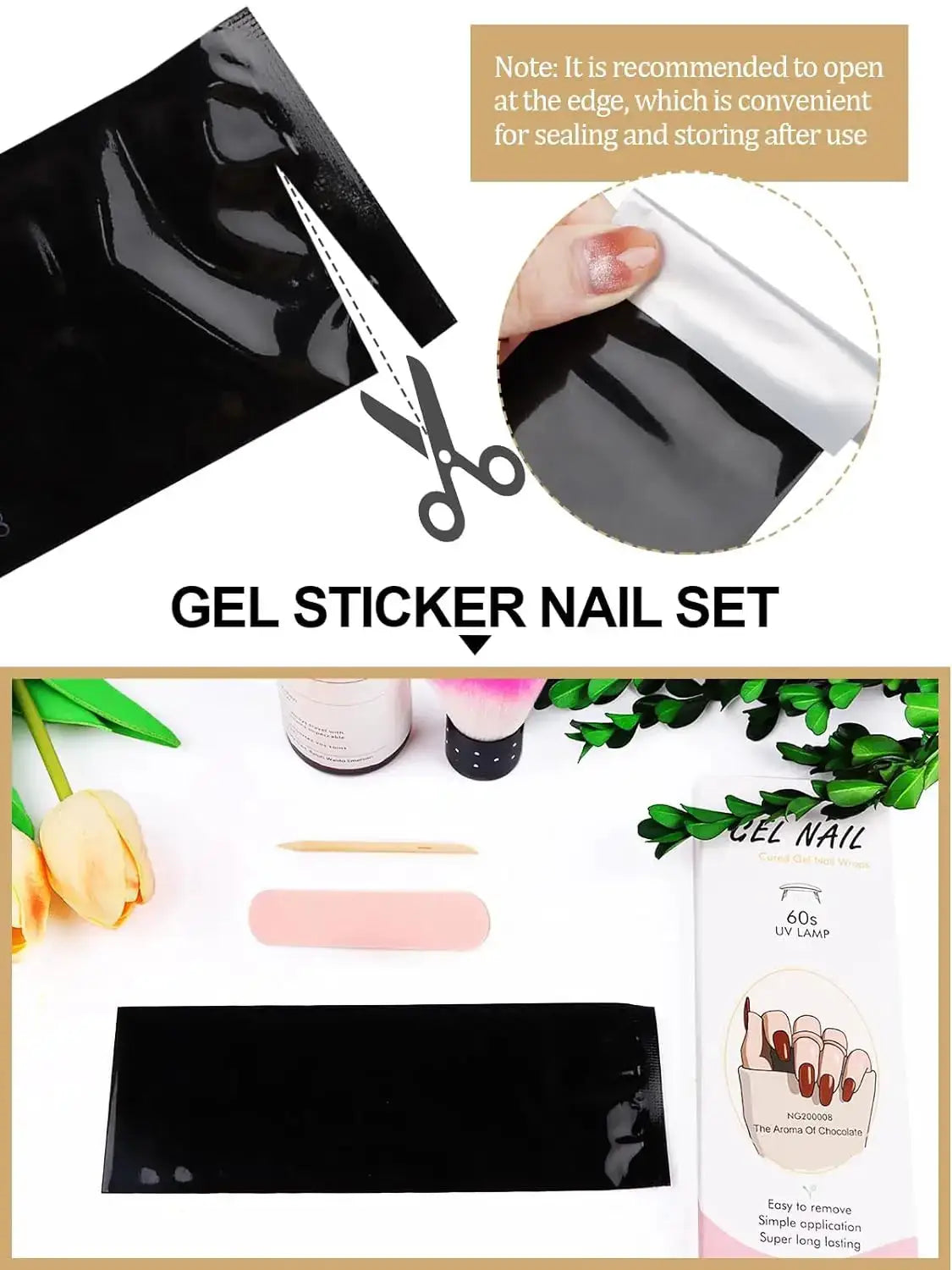 Simples Market Gel Sticker Nail Set with full-cover nail wraps on black packaging; note about edge opening.