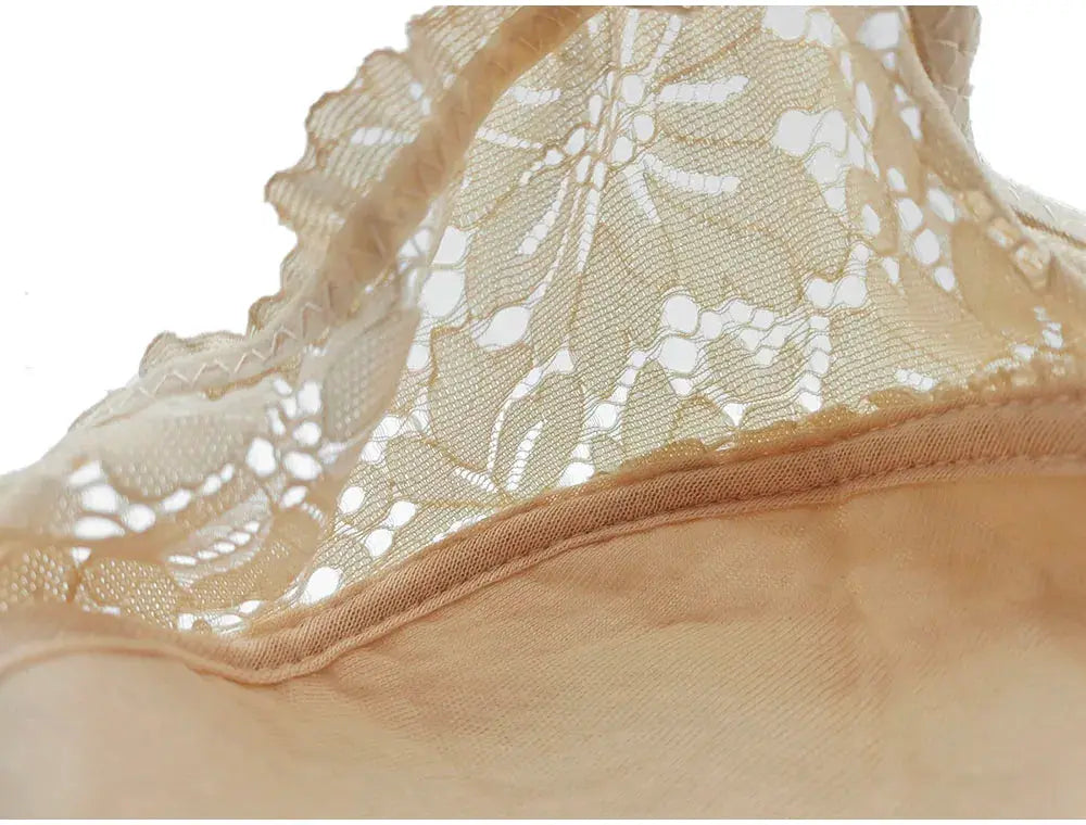 Beige lace bralette top with floral pattern and sheer detailing