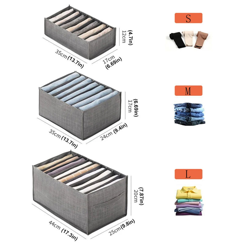 Storage box set by Simples Market in gray fabric; 3 sizes (S/M/L) for underwear, jeans, and shirts.