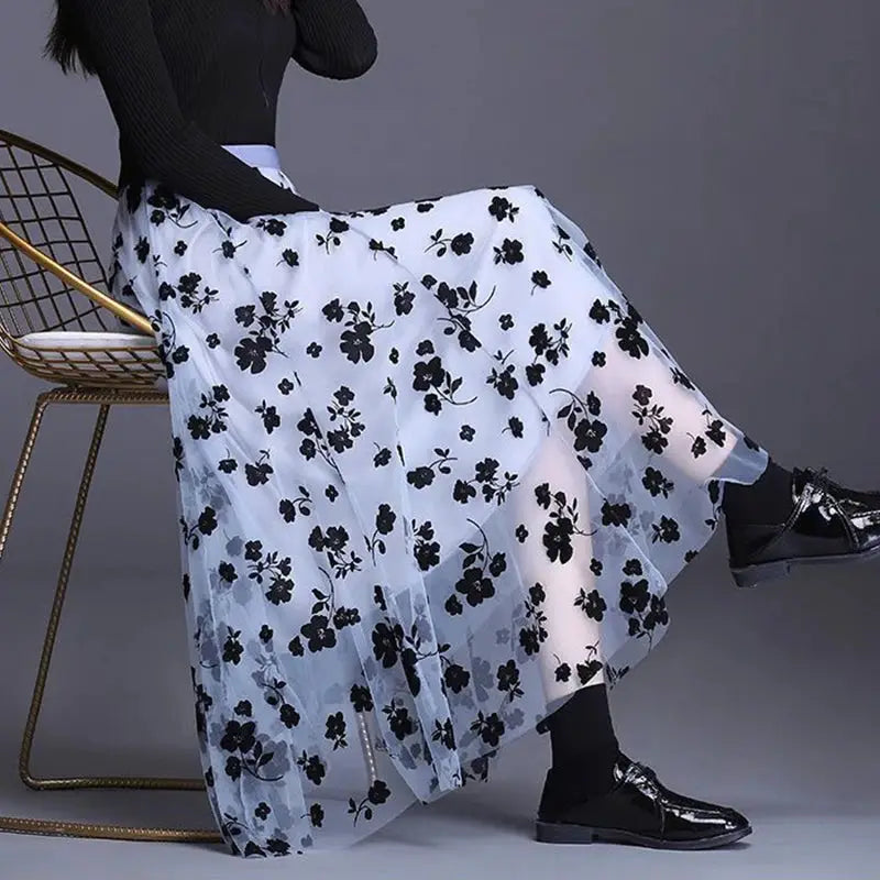 Korean women tulle floral midi skirt in white mesh with black floral print by Simples Market