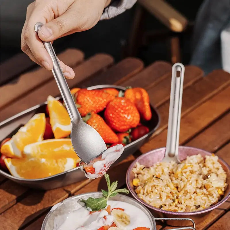 Boundless Voyage titanium cutlery 2-piece spoon-spork set by Simples Market; lightweight, reusable camping flatware