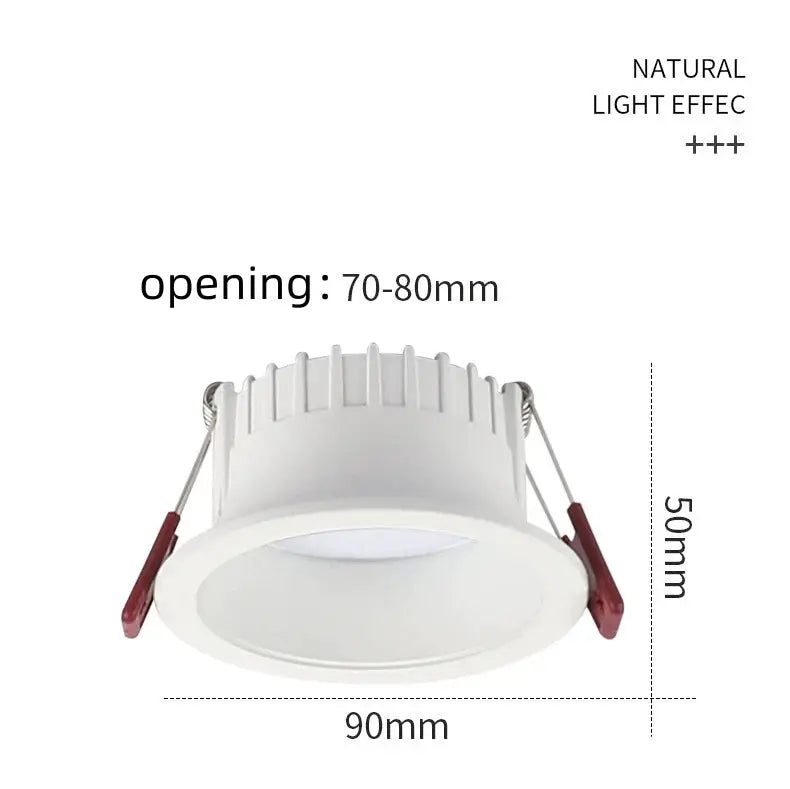 Round anti-glare LED recessed downlight by Simples Market, white aluminum housing, 90mm diameter, 70–80mm opening