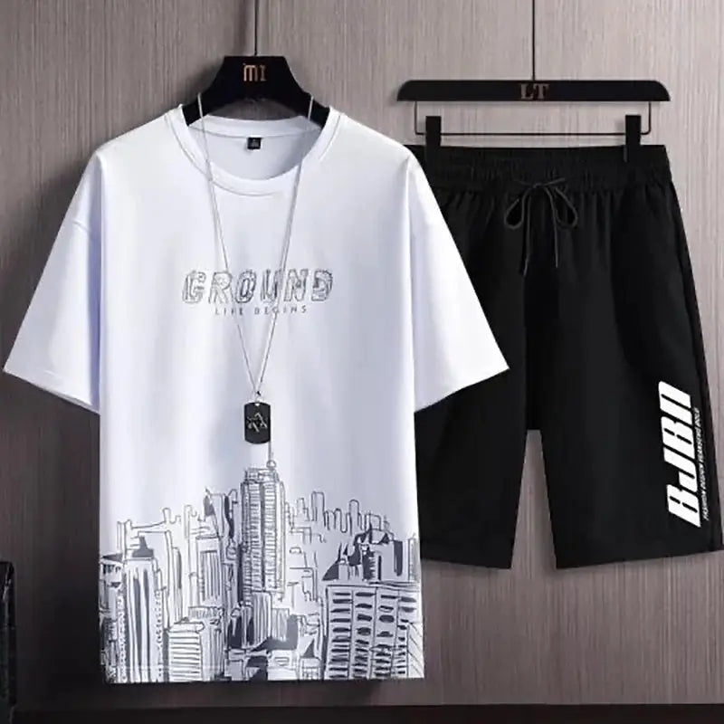Men's Casual Sport Ice Silk Suit Printed Sweatshirt Sweatpants Outdoor Jogging Sports Basketball Training Fitness 2 Piece Suit