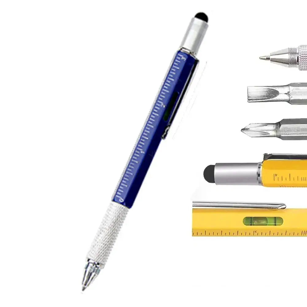 Universal stylus pen in blue with knurled silver grip and metal clip, shown with extra tips and a yellow ruler