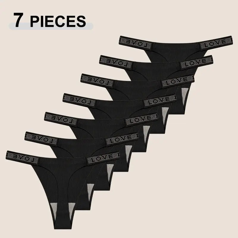 7-piece black thong underwear set with crystal-embellished waistband; low-rise, breathable G-strings