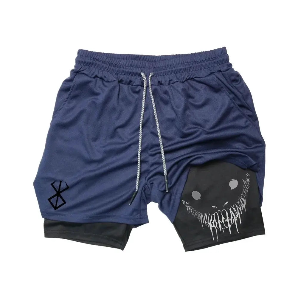 Simples Market navy blue 2-in-1 men's running shorts with black inner layer, drawstring, quick-dry and visible logo.