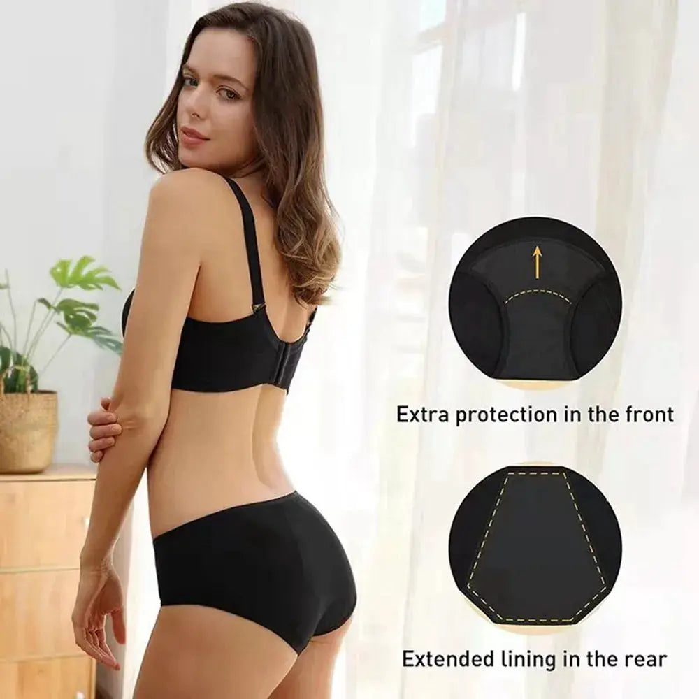 Menstrual panties, black cotton briefs for women; low waist, breathable fabric, front protection, extended rear lining
