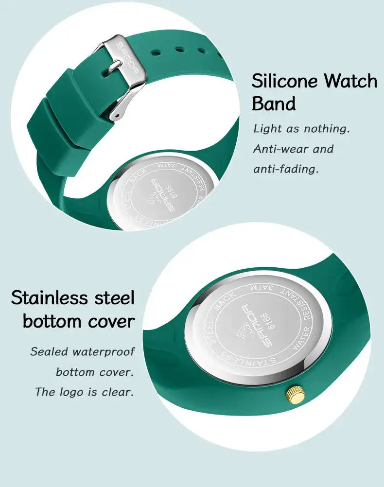 SANDA 6186 silicone strap wristwatch with green band and stainless steel bottom cover