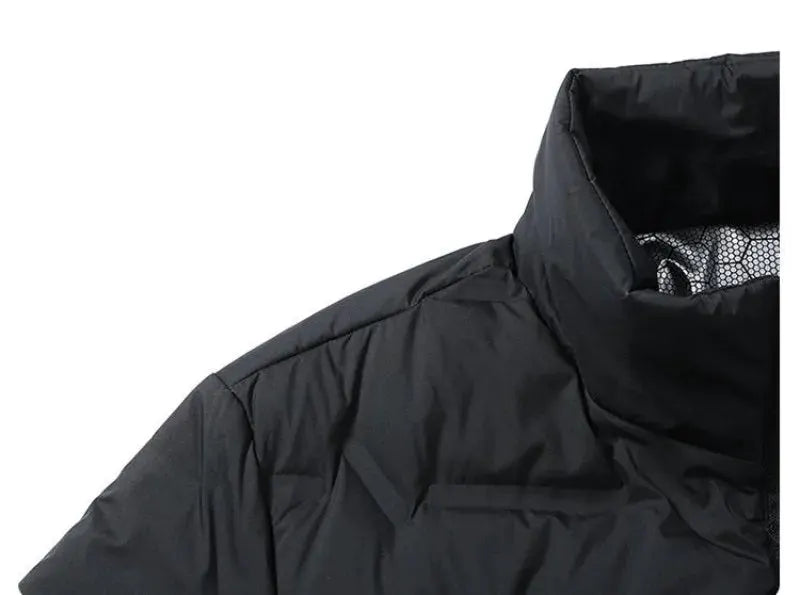 Men's black down puffer jacket with stand collar and quilted panels
