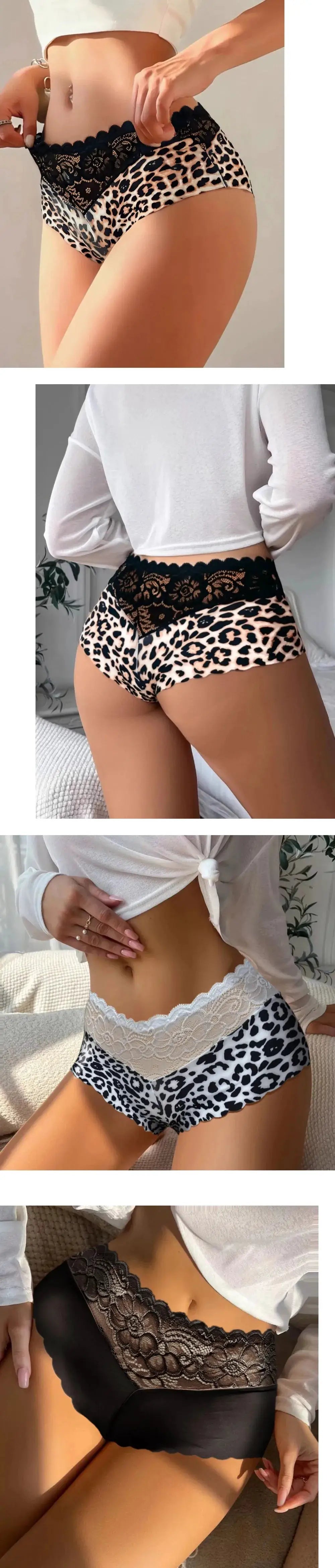 Women's 3-piece leopard lace panties set by Simples Market, leopard print with black lace waistband